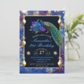 ブルーエレガントと金ゴールドピーコックオーナメント誕生日 招待状 (スタンド正面)