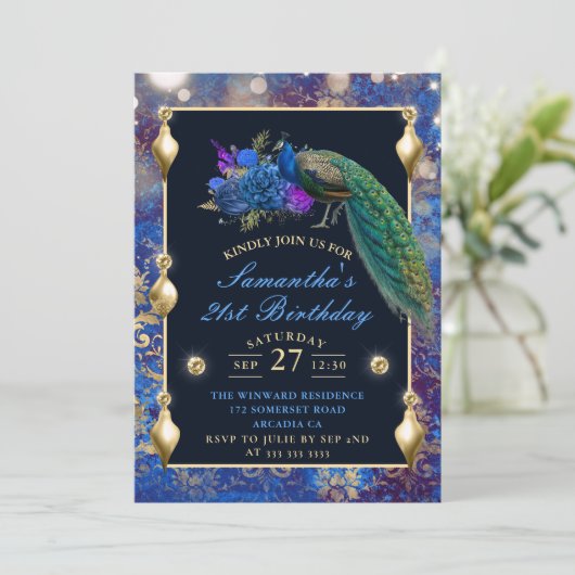 ブルーエレガントと金ゴールドピーコックオーナメント誕生日 招待状 (スタンド正面)