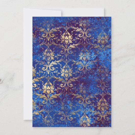 ブルーエレガントと金ゴールドピーコックオーナメント誕生日 招待状 (裏面)