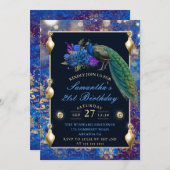 ブルーエレガントと金ゴールドピーコックオーナメント誕生日 招待状 (正面/裏面)