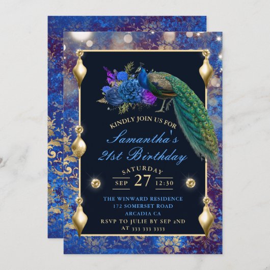ブルーエレガントと金ゴールドピーコックオーナメント誕生日 招待状 (正面/裏面)