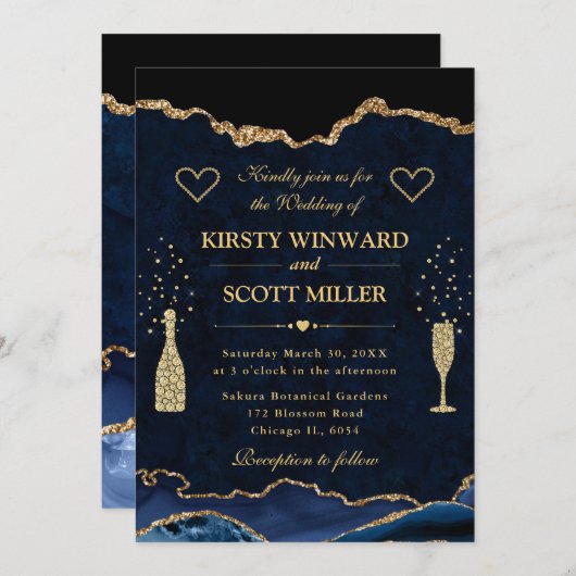 ブルーエレガントと金ゴールドフェイクグリッターアゲ結婚ート 招待状 (正面/裏面)