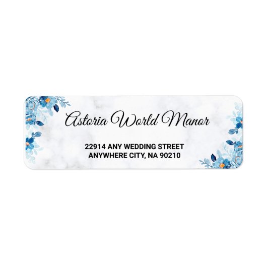 ブルーエレガントな花の夏のウェディング返信住所 ラベル (正面)