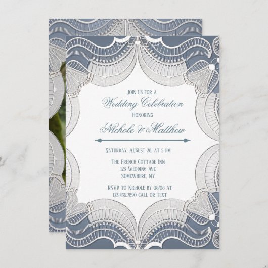 ブルーエレガントのレース結婚お祝い写真 招待状 (正面/裏面)