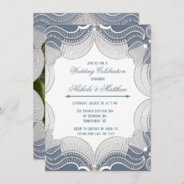 ブルーエレガントのレース結婚お祝い写真 招待状