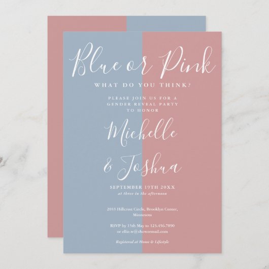 ブルーエレガントまたはピンクの性別がパーティーを明らかにする 招待状 (正面/裏面)