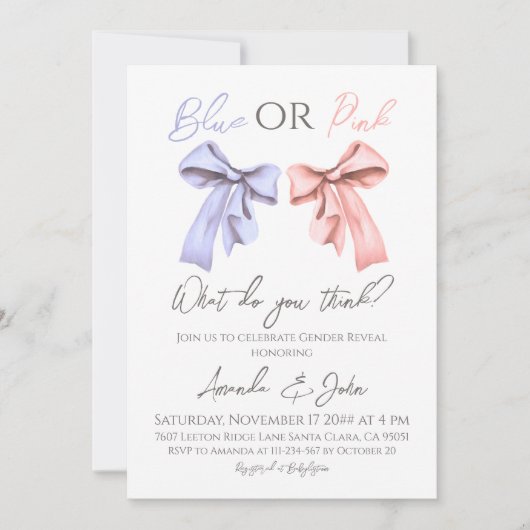 ブルーエレガントまたはピンクの性別の表示を湾曲形 招待状 (正面)