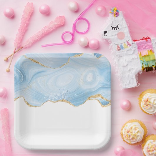 ブルーエレガントアカッコいいゲートと金ゴールドグリッターリボン ペーパープレート (パーティー)