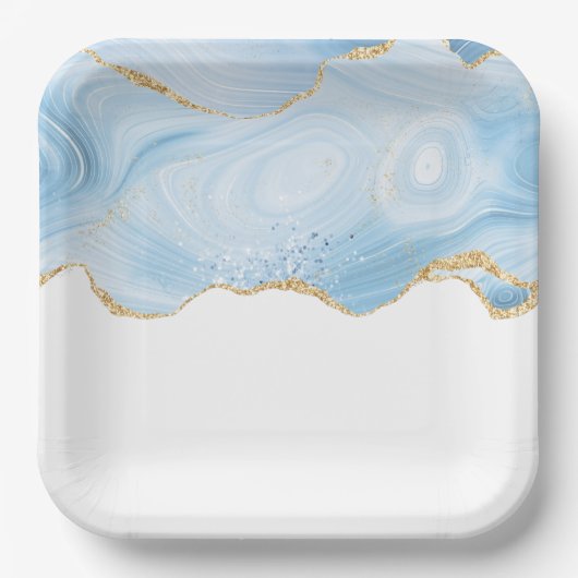 ブルーエレガントアカッコいいゲートと金ゴールドグリッターリボン ペーパープレート (正面)