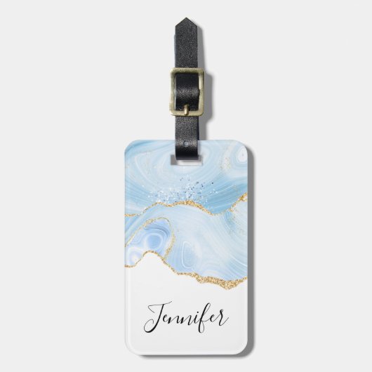 ブルーエレガントアカッコいいゲートと金ゴールドグリッターリボン ラゲッジタグ (正面縦)