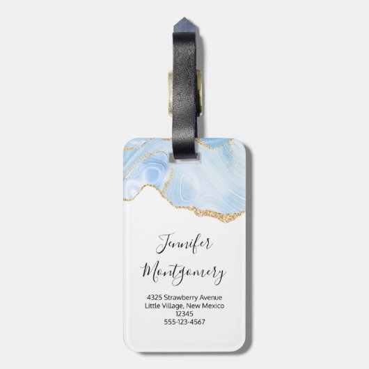 ブルーエレガントアカッコいいゲートと金ゴールドグリッターリボン ラゲッジタグ (裏面縦)