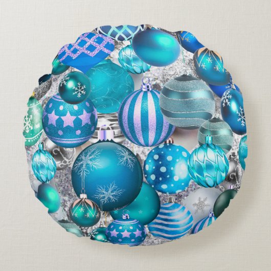 ブルーエレガントアクアクリスマスオーナメント休暇 ラウンドクッション (正面)