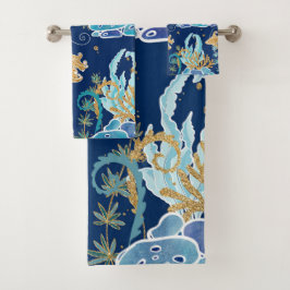 ブルーエレガントアクアターコイズ金ゴールドグリッター海 バスタオルセット