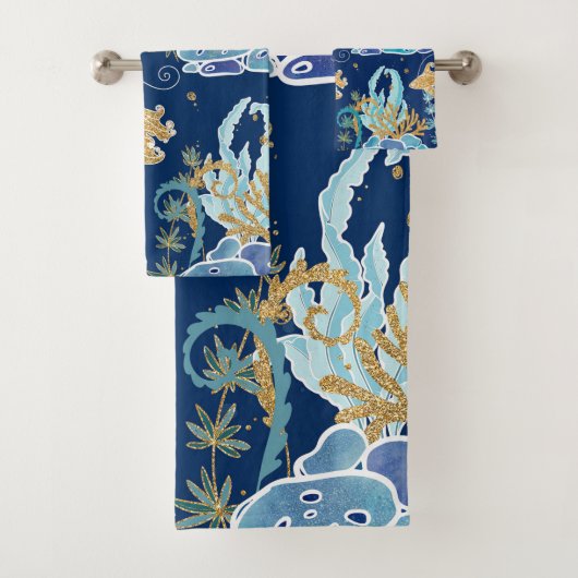 ブルーエレガントアクアターコイズ金ゴールドグリッター海 バスタオルセット (インサイチュ)
