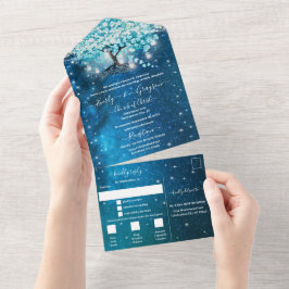 ブルーエレガントアクアティール（緑がかった色）ハートリーフツリー結婚ズ オールインワン招待状