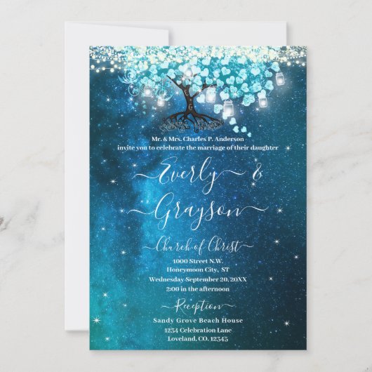 ブルーエレガントアクアティール（緑がかった色）ハートリーフツリー結婚ズ 招待状 (正面)