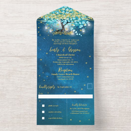 ブルーエレガントアクアティール(緑がかった色)ハートリーフ結婚ツリーズアル オールインワン招待状 (内側)