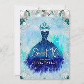 ブルーエレガントアクアフローラグリッターガウン甘い16 inv 招待状 (正面)