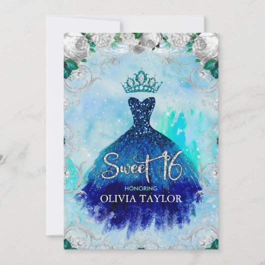 ブルーエレガントアクアフローラグリッターガウン甘い16 inv 招待状 (正面)