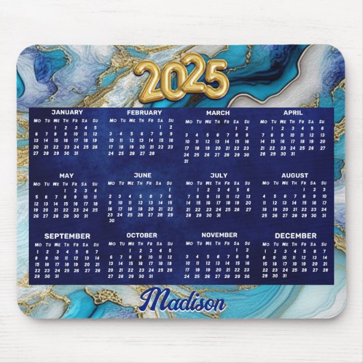 ブルーエレガントアクアマーブルアートフェイクグリッター2025 マウスパッド (正面)