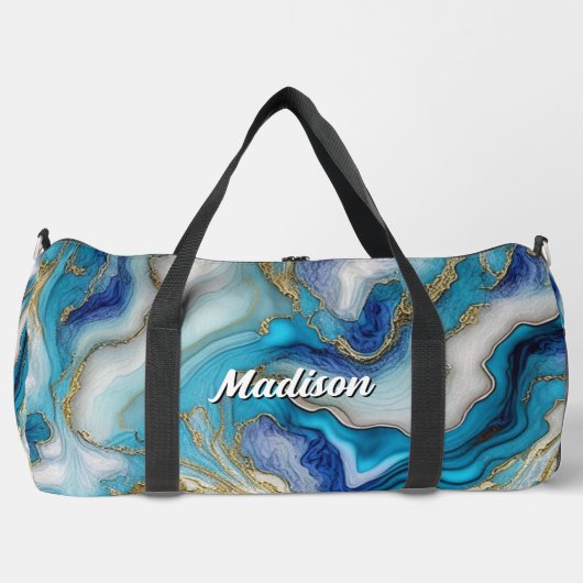 ブルーエレガントアクアマーブルアートフェイクグリッター ダッフルバッグ (正面)