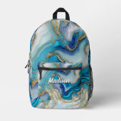 ブルーエレガントアクアマーブルアートフェイクグリッター プリントバックパック (正面)