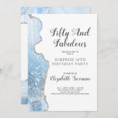 ブルーエレガントアゲートサプライズ50誕生日 招待状 (正面/裏面)