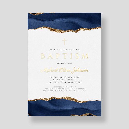ブルーエレガントアゲートボーイバプテスマ金ゴールド 箔招待状
