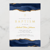 ブルーエレガントアゲートボーイバプテスマ金ゴールド 箔招待状 (正面)