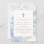 ブルーエレガントアゲート金ゴールドクロスボーイバプテスマ 招待状 (正面)