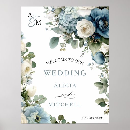 ブルーエレガントアジサイアイボリーバラフローラ結婚ズ ポスター (正面)