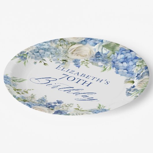 ブルーエレガントアジサイバラガーデンバースデーパーティー ペーパープレート (アングル)