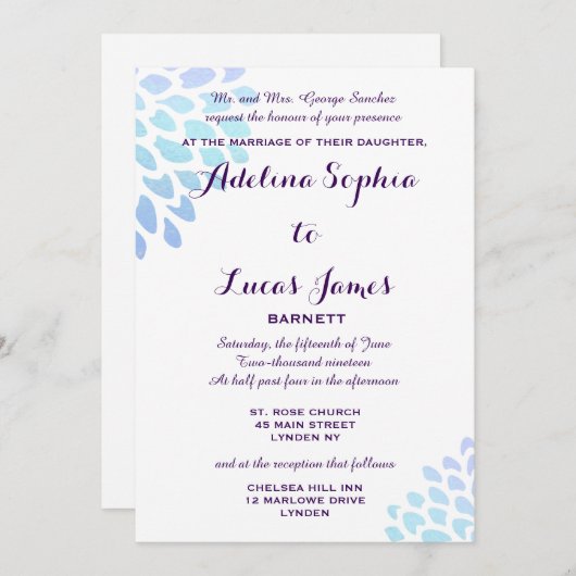 ブルーエレガントアジサイフォーマル結婚式招待状 招待状 (正面/裏面)