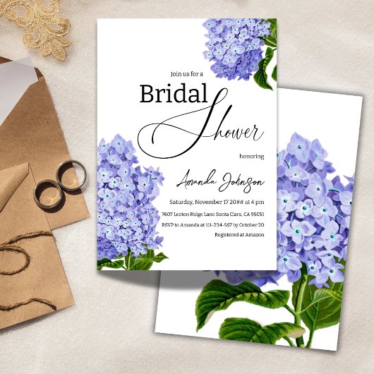 ブルーエレガントアジサイフローラブライダルシャワー 招待状
