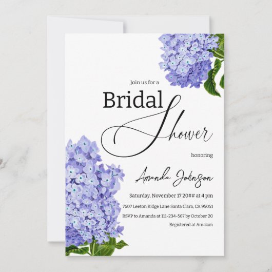 ブルーエレガントアジサイフローラブライダルシャワー 招待状 (正面)