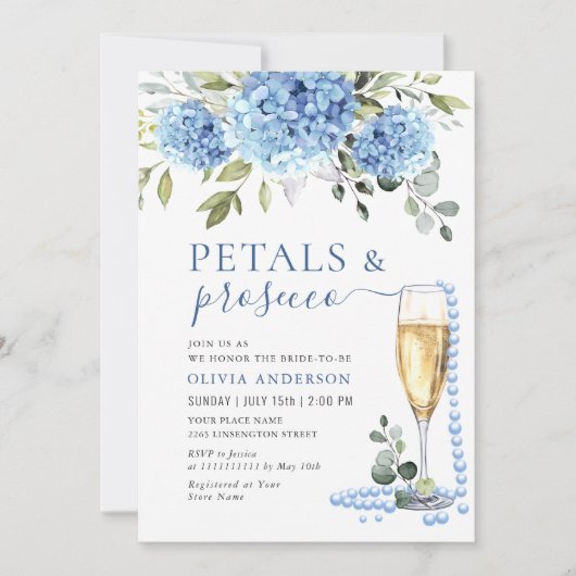 ブルーエレガントアジサイフローラ花びら&プロセッコ 招待状 (正面)