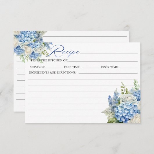 ブルーエレガントアジサイブライダルシャワーレシピカード 招待状 (正面/裏面)
