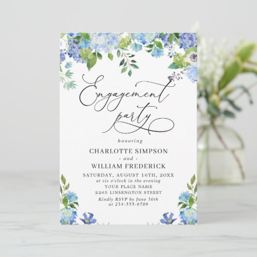 ブルーエレガントアジサイ水カラー婚約パーティ 招待状 (スタンド正面)