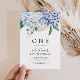 ブルーエレガントアジサイ白い最初の誕生日パーティー 招待状