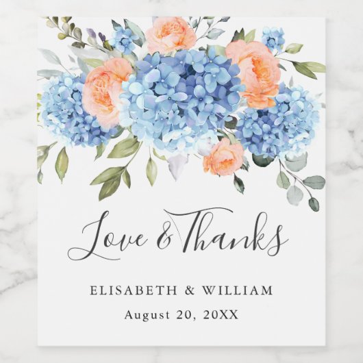 ブルーエレガントアジサイ赤面バラ結婚ズ ワインラベル (シングルラベル)