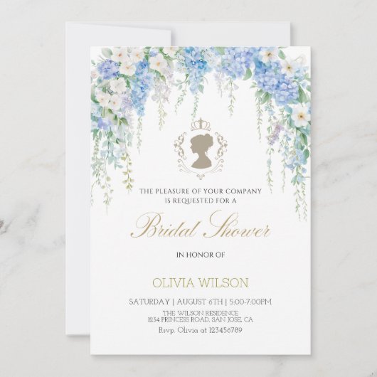 ブルーエレガントアジサイ&ホワイトローズブライダルシャワー 招待状 (正面)