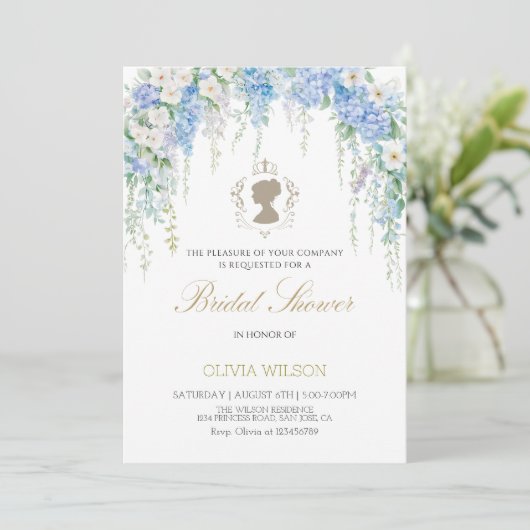 ブルーエレガントアジサイ&ホワイトローズブライダルシャワー 招待状 (スタンド正面)