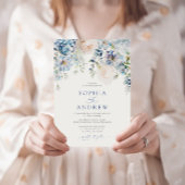 ブルーエレガントアジサイ&赤面バラズ結婚 招待状