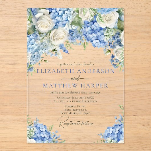 ブルーエレガントアジランゲアホワイトローズフローラ結婚ズ アクリル招待状 (正面)