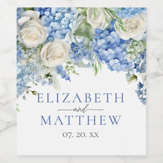 ブルーエレガントアジランゲアホワイトローズフローラ結婚ズ ワインラベル (シングルラベル)