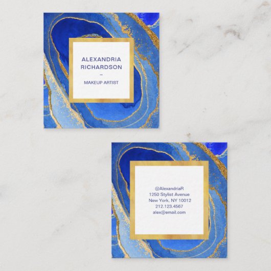 ブルーエレガントアンド金ゴールド スクエア名刺 (正面/裏面)