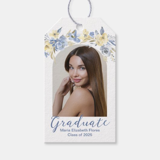 ブルーエレガントイエローフローラ写真卒業パーティー ギフトタグ (正面)