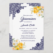 ブルーエレガントイエローホワイトフローラキンセアニラ 招待状 (正面/裏面)