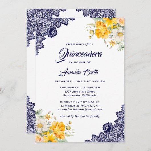 ブルーエレガントイエローホワイトフローラキンセアニラ 招待状 (正面/裏面)