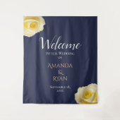 ブルーエレガントイエローローズフローラ結婚ズウェルカム タペストリー (正面)